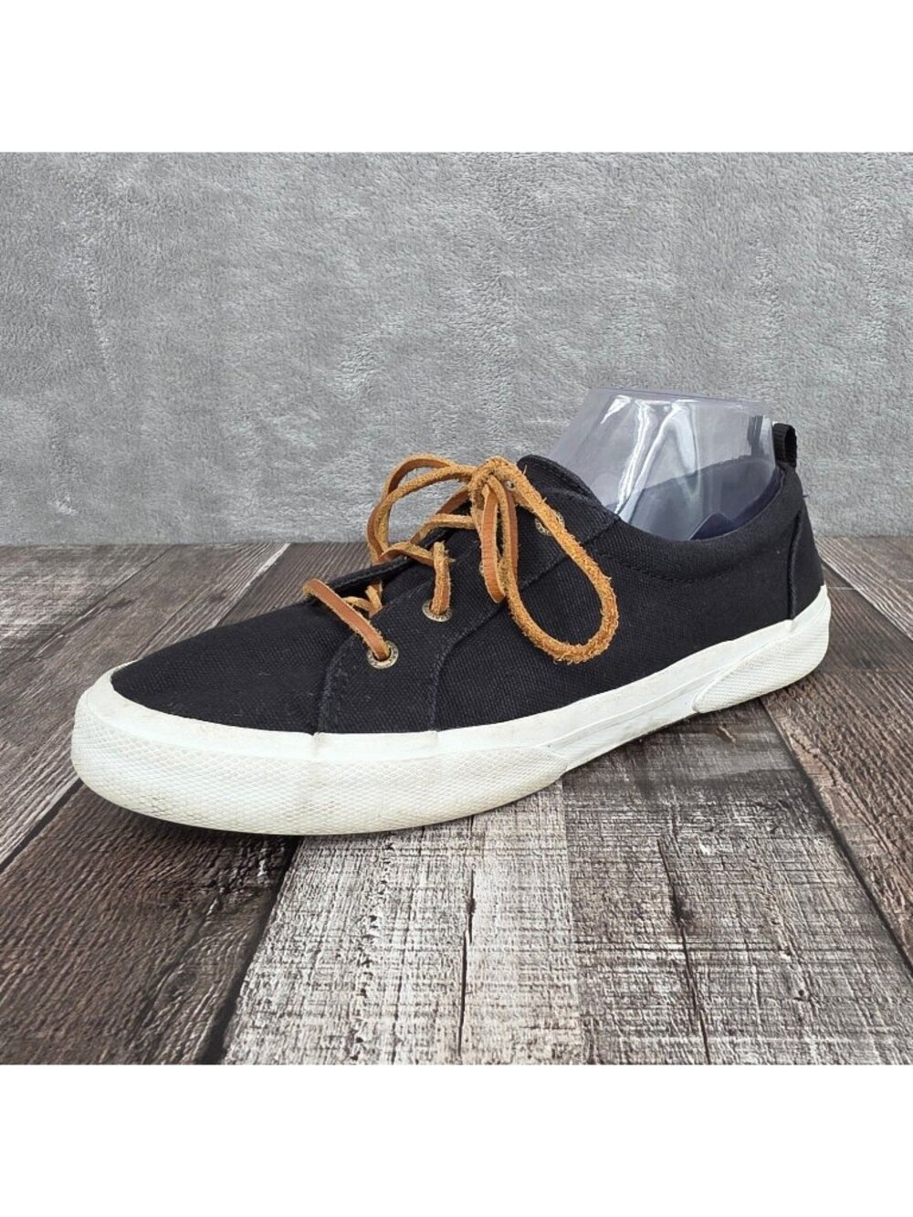 Sperry Pier Wave Boat Shoes 9 Black Canvas Brown Leather Skateboarding Nautical